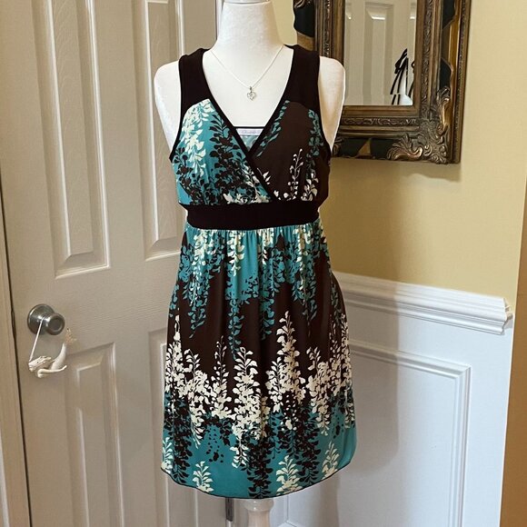 Charlotte Russe Summer Dress Size M Aqua Brown Black White Low V-Front Low Back - Picture 1 of 7